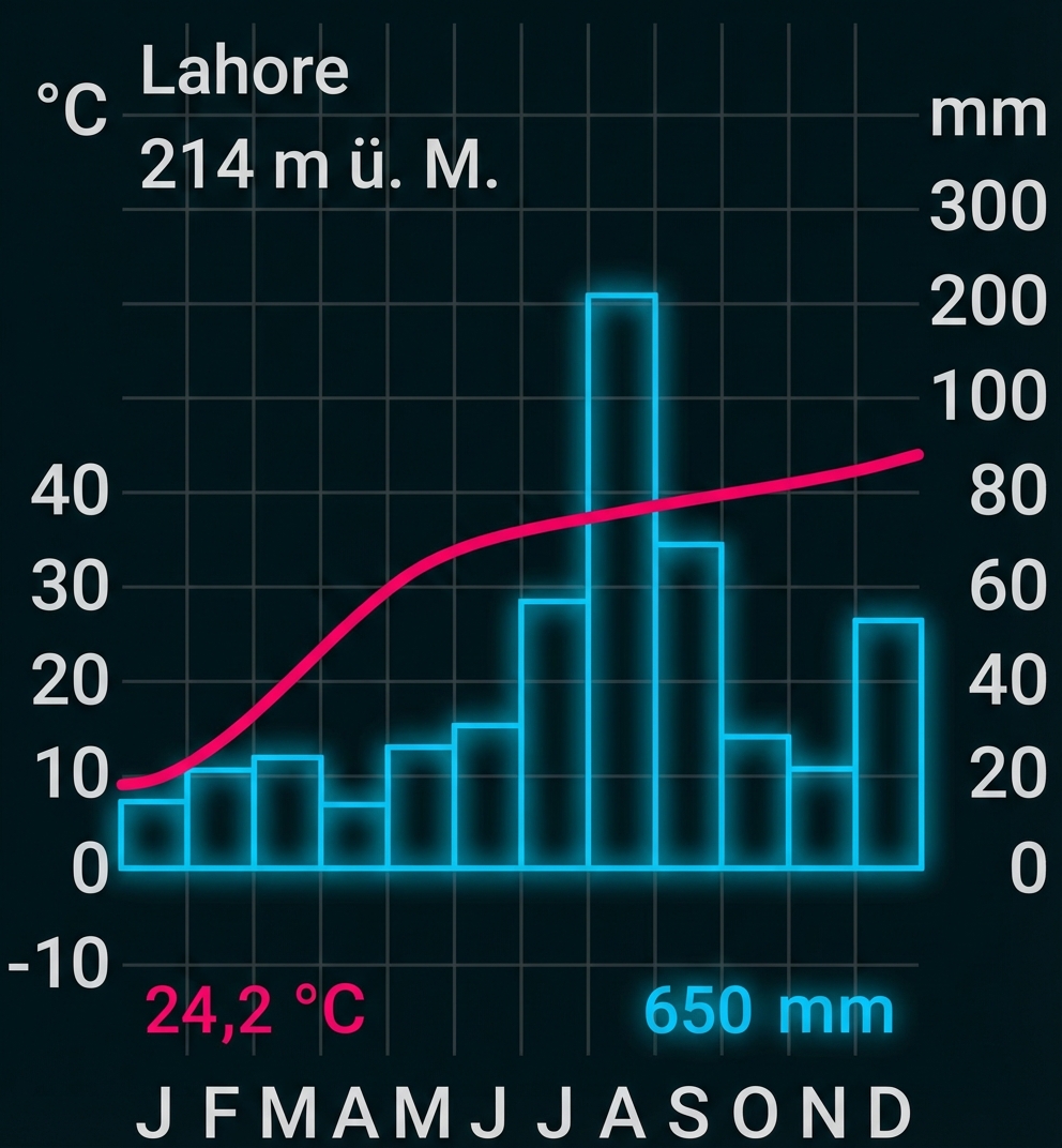 Klimadiagramm Lahore: Temperaturkurve (rot) und Niederschlagsbalken (blau) über 12 Monate, Ø 24,2 °C, 650 mm